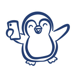 Cute cartoon penguin taking selfie photo with smartphone line art

