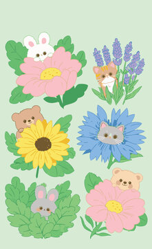 cat rabit bear with flowers illustration set vector.eps