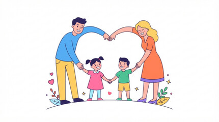 Fototapeta premium Happy family forming heart shape with arms with accompanied decorative hearts leaves