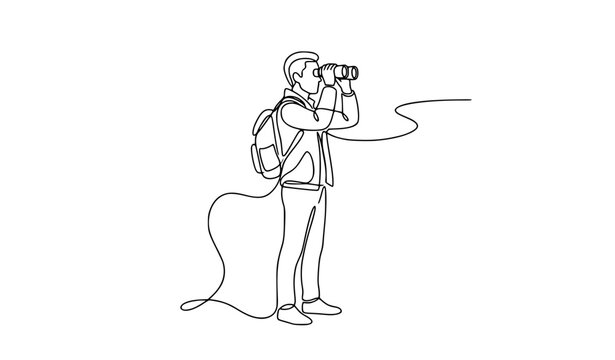 Young traveler looking through binoculars one line art vector illustration for tourism and outdoor adventure