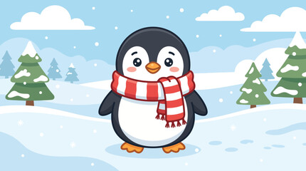A cartoon penguin wearing a scarf stands on snowy ground with pine trees © Wikwik