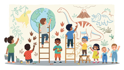 Diverse group of children drawing massive dinosaur mural and planet earth vector illustration on big classroom wall © Ruma