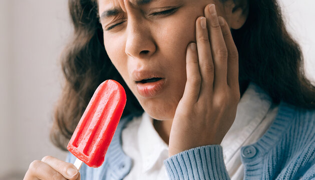 Woman Suffering from Tooth Sensitivity While Eating Ice Cream