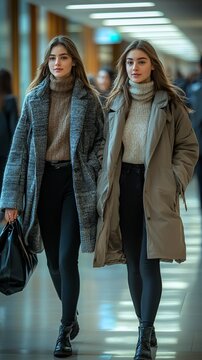 Two women in winter coats stroll through a modern hallway.  Their attire is stylish and casual