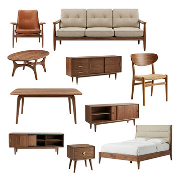 Mid-Century Modern Furniture Collection Isolated on White Background