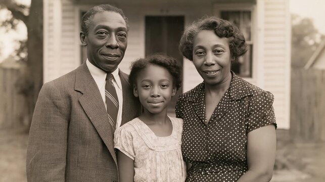 Vintage retro family portrait of an African American man posing with his wife and grand daughter at their home front yard	
