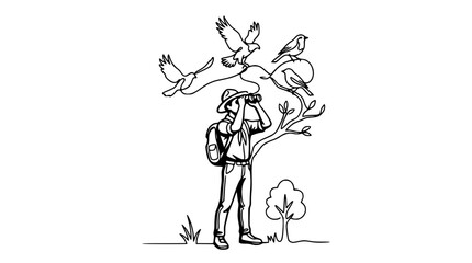 Obraz premium Birdwatcher with Binoculars Observing Birds in Nature - Line Art Illustration