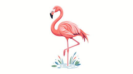 A pink flamingo stands on one leg in water with grass. © Wikwik
