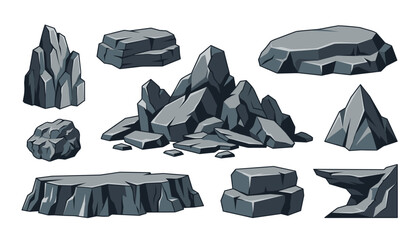 Grey rock and stone boulder cartoon vector illustration set. Pile of stones, cliff gravel, mountain peak, geology mineral, nature landscape and game asset elements. © Creative Studio 