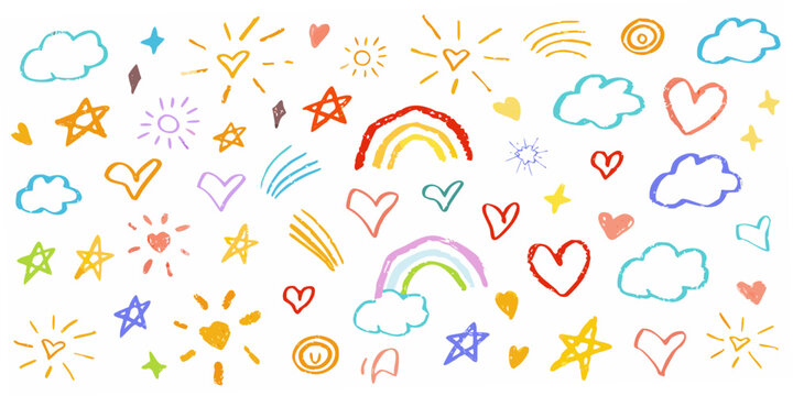 Colorful childlike drawings of hearts stars rainbows and clouds pattern