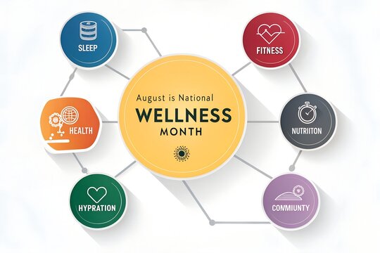 National wellness month infographic displaying central yellow circular node connected to six vibrant colored circular icons representing health lifestyle pillars like sleep fitness nutrition hydration