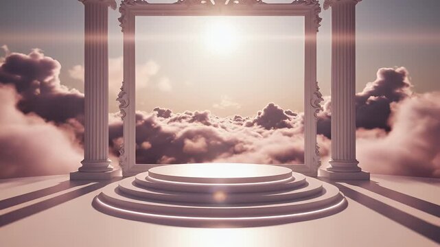 Ethereal clouds framed by classical architecture and a circular stage