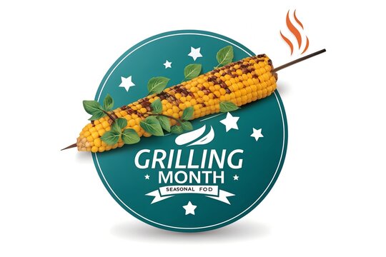 Roasted yellow corn cob on a wooden skewer decorated with fresh green leaves and fire icon placed over a circular teal badge for a vibrant seasonal grilling month food celebration.