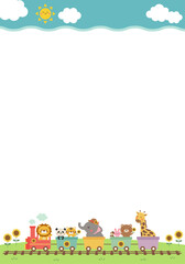 Fototapeta premium 【ベクター】動物汽車のひまわりフレーム（夏・縦長・カラフル・青空・手描き販促素材）