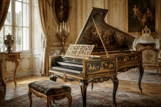 An ornate harpsichord in a palatial room bathed in soft light.
