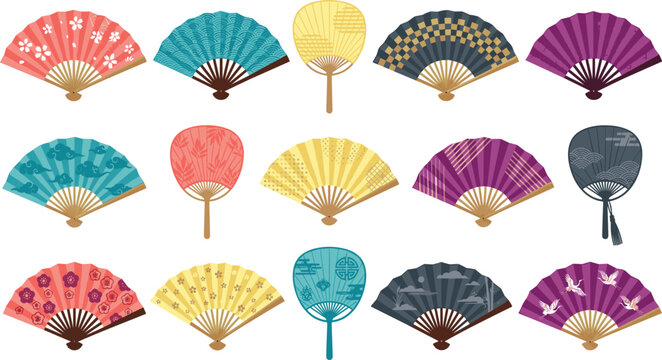 Traditional Japanese Hand Fan Vector Set Featuring Folding Sensu and Uchiha Fans with Cherry Blossom Wave and Crane Patterns for Asian Culture Designs