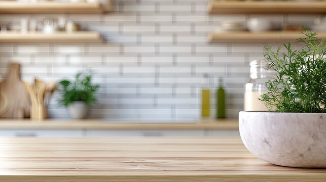 Light-filled kitchen counter with plant, shelves, and subway tile backsplash