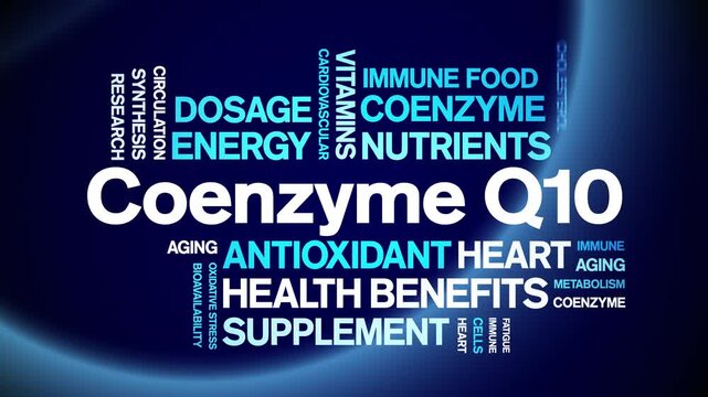 Coenzyme Q10 animated word cloud-CoQ10 text design animation tag kinetic typography seamless loop.