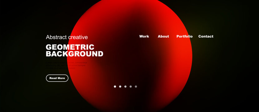 Dark background features vibrant red circle. Minimalist design with text elements, navigation options, plus read more button visible.
