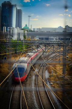 Subway overground train passing slow during before train stop at seoul  station with copy space in sky cloud clear,South Korea