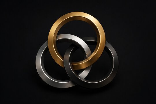 Three interlocking, continuously rotating rings on a dark background, symbolizing perpetual motion.