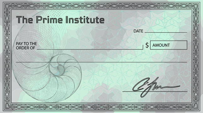 Bank check from The Prime Institute with nautilus design.