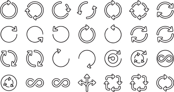 Circular rotation arrows and infinity symbol line icon set. Continuous process cycle, update workflow, reload path, and refresh direction vector signs