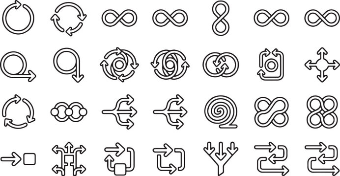 Continuous process loop, infinity symbol, and workflow cycle arrow line icon set