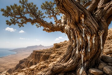 Fototapeta premium Twisted frankincense tree on cliff with white resin tears.