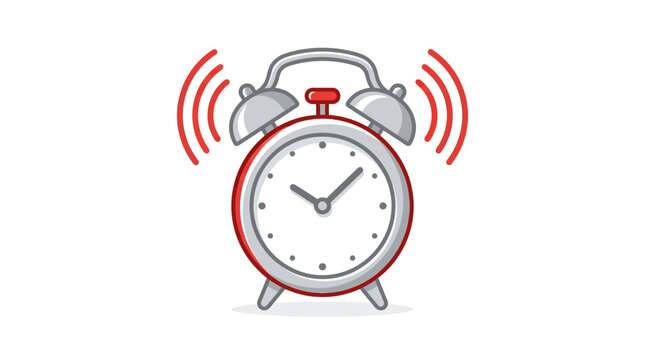 A cartoon illustration of a classic red and silver alarm clock ringing loudly with sound waves on a white background.