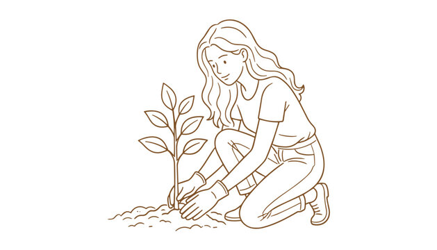 vector Young woman planting a small sapling in soil isolated on transparent background for nature conservation