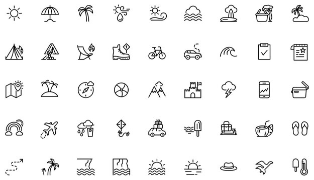 Collection of various summer vacation and travel related line icons on white background