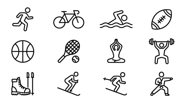 Diverse sports and fitness activity line icons.