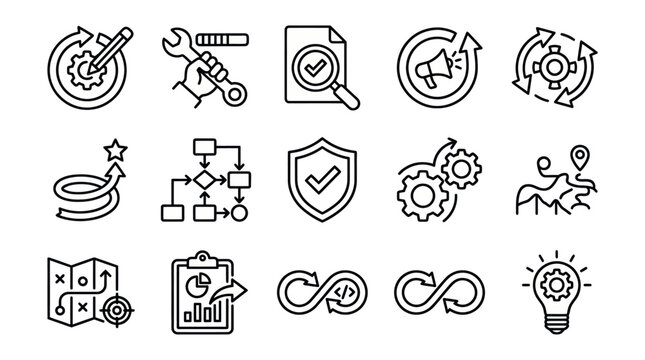 Business management strategy and workflow outline icon set.