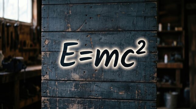 E=mc2 Equation on Dark Blue Wooden Wall in Workshop with Shelves and Natural Light