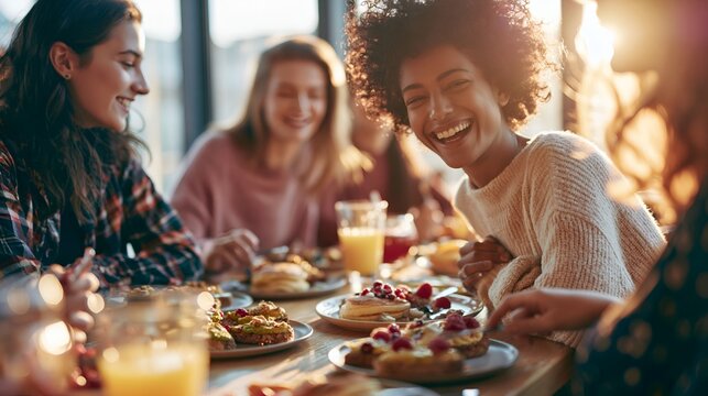 Group of young women laughing and enjoying Sunday brunch in a bright cafe