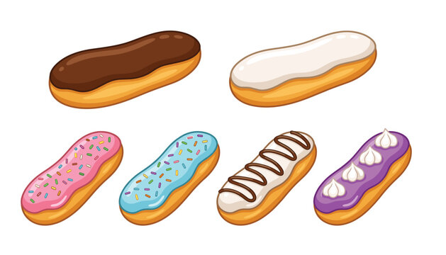 French eclair pastry dessert cartoon vector illustration set. Chocolate frosting, vanilla glaze, strawberry sprinkles, violet cream, bakery food, sweet confectionery and snack treats.