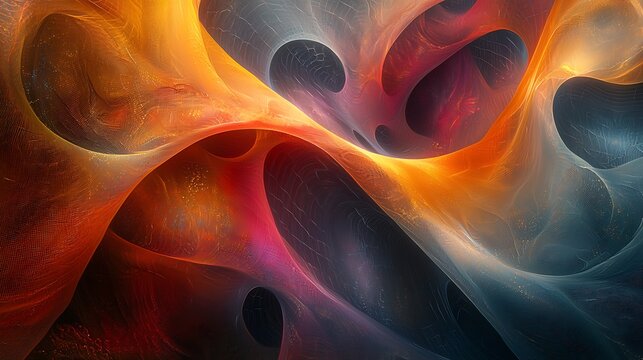 Abstract Flow of Energy: A vibrant and fluid abstract artwork in warm hues of orange, red, and yellow, with streaks of cool blue and grey, evoking a sense of dynamic movement and cosmic energy.