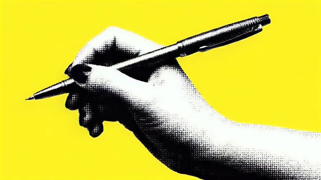 A hand holds a pen against a bright yellow background