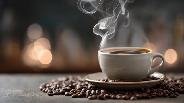 Steaming cup of coffee surrounded by roasted beans with blurred bokeh background in warm tones