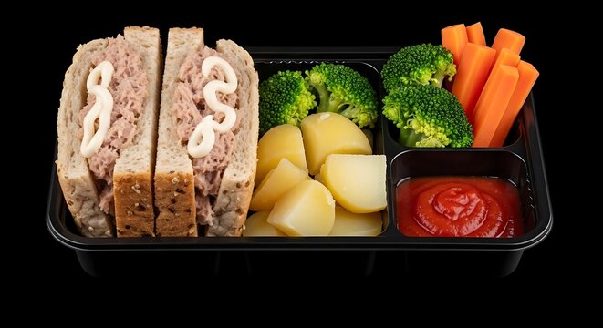 Healthy meal prep container with tuna sandwich broccoli potatoes and carrots.