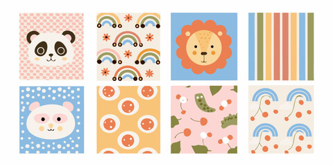 adorable pastel colored nursery wall art collection featuring panda lion rainbow patterns animals stripes cherries dots vector © Asit