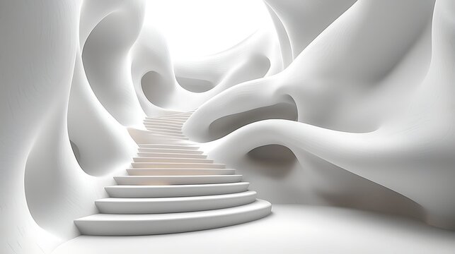 Ascending Path to Enlightenment: Smooth, flowing white architectural forms create a surreal, dreamlike pathway with elegant steps leading upwards towards a bright, ethereal light.