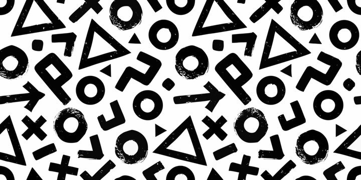 bold black and white abstract seamless pattern featuring geometric shapes design texture triangle circle arrow zigzag vector