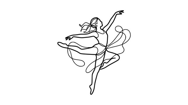Elegant ballerina in graceful dance pose, continuous line art drawing, white background