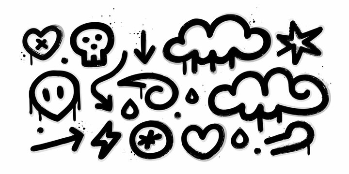 edgy black and white graffiti doodle set featuring various symbols art skull heart cloud star arrow line