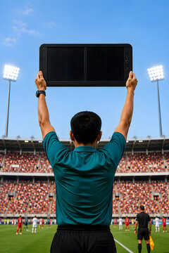 Football soccer official holding electronic substitution board overhead in stadium from behind