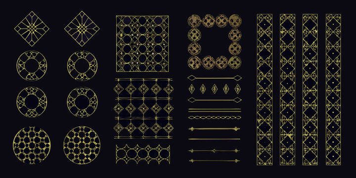 art deco decorative elements set in gold on black background vector pattern design ornament geometric shapes diamonds