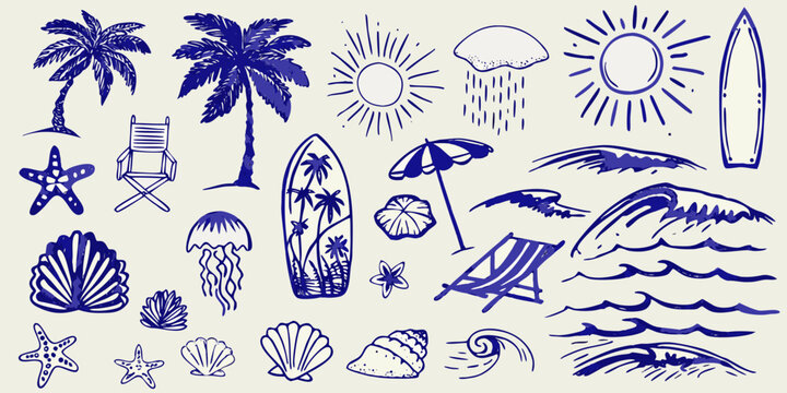 hand drawn blue summer beach doodles on white background palm tree sun umbrella surfboard shell starfish jellyfish