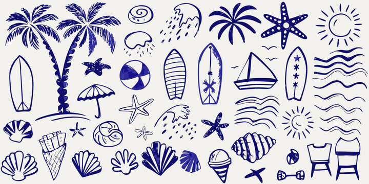 hand drawn blue summer beach doodles on white background palm tree surfboard shell ice cream starfish umbrella